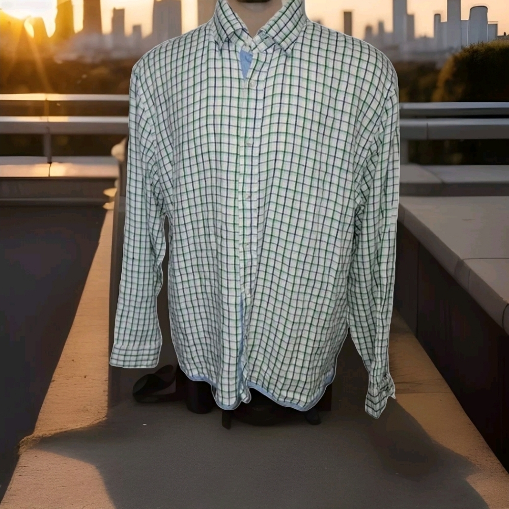 Report Collection Men's shirt XXL Blue Green checkered 100% linen long sleeve *